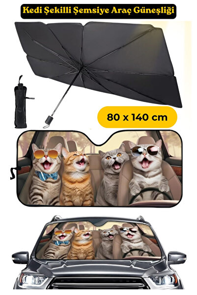 ALFAGİFT Kedi Desenli Şemsiye Tip Araç Güneşliği Katlanabilir Oto Ön Cam UV K...