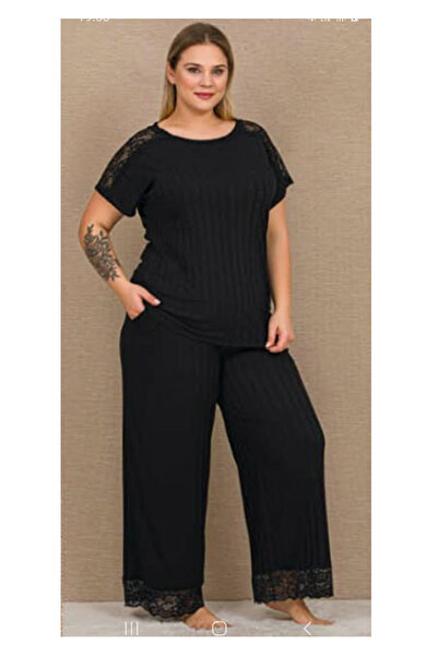 Lady Plus Size Black Shoulder and Leg Lace Detailed Short Sleeve Long Pajama ...