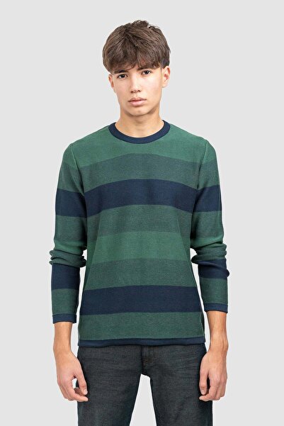 PORTHALL Men's cotton sweater with horizontal stripes, green - XL