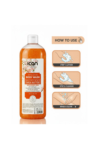 Ican London Shea Butter Body Wash with Kojic Acid 1000ml – Brightening & Exfoliating Shower Gel | Deep Moisturising, Smooth & Radiant Skin