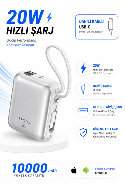 Seyoni 10000 mAh Mini Powerbank Dahili USB-C Kablolu 20W Hızlı Şarj Güç Bankası
