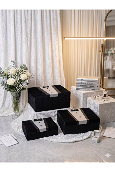 VK CAN MAĞAZALARI ÇİÇEK Damat Bohçası İçin Çeyizlik Kadife Sandık Siyah