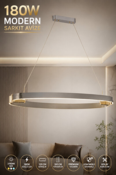 Elvora Home Modern (PREMİUM) LED Sarkıt Avize 3 Renk Ayarlı Gold Gri Halka Ta...