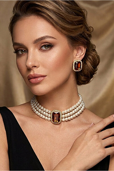 Happyline Cam İncili Gold Kaplama Baget Kahve Taşlı Tasma Choker Kolye Özel T...