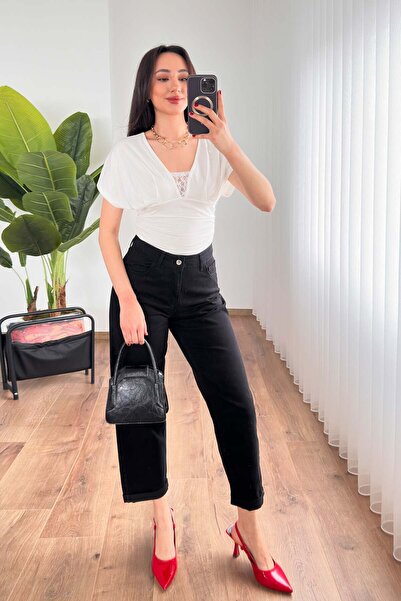 Hipo Trend Mom Fit Gabardine Denim Black Trousers