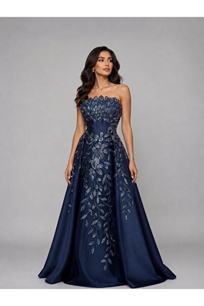 molan fashion فستان سهرة أزرق داكن بدون أكمام