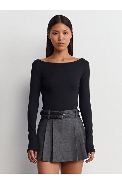 Dilvin Boat Neck Long Sleeve Top-Black 31332
