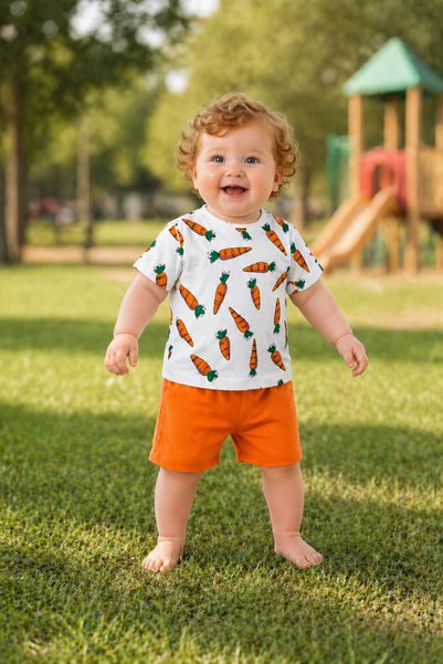 METEOR BABY Men's / Unisex Baby Carrot Patterned Shorts Set - Cotton Summer Baby Set Orange 2-Piece Set