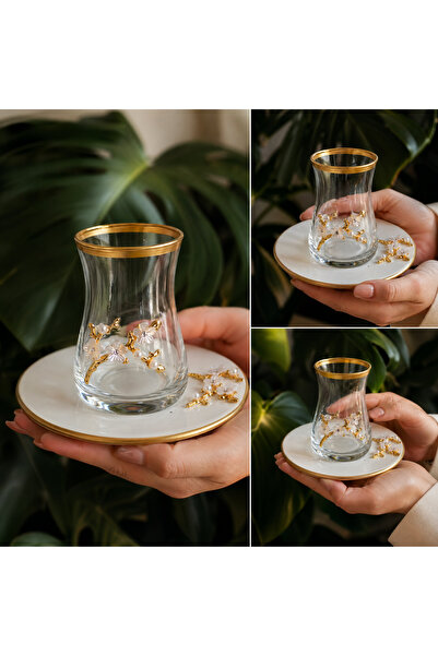 ÇNR Home Collection 6 Kişilik Gold Detaylı Cam Çay Bardağı ve Porselen Tabak ...