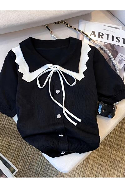 miyoshi Bebe Yaka Triko Fiyonk Bağlamalı Düğme Detaylı Tshirt