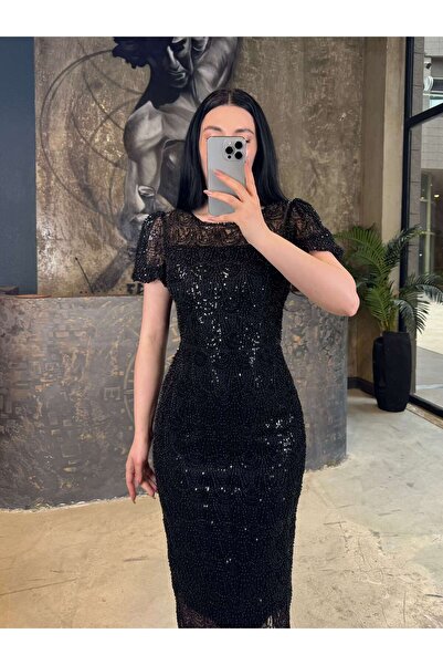 missswans Layla Balon Kol Boncuk İşlemeli Midi Boy Abiye Siyah
