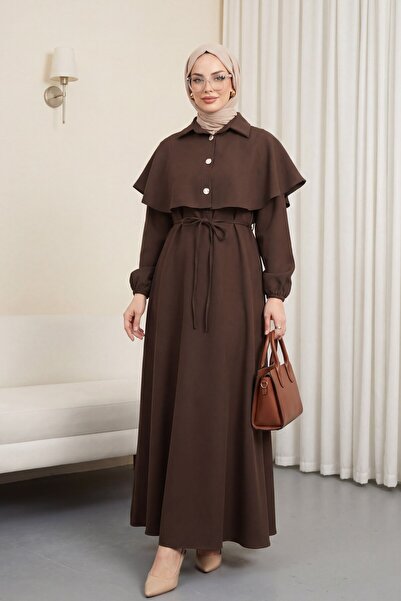 modasindoma Collared Cape Detailed Belted Elastic Sleeves Crepe Dress Brown