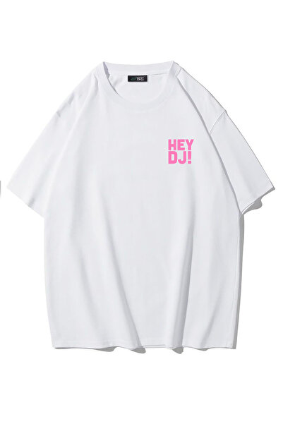 BRZ COLLECTION Unisex Supradimensionat HEY DJ! Tricou (ALB)
