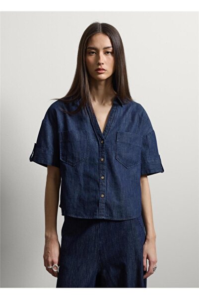 Stefanel Pamuk Keten Viskon Karışımlı Mavi Denim Oversize Gömlek