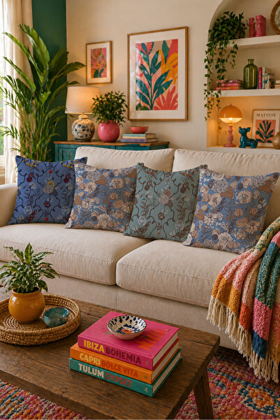 LadiesHome Set de 4 huse de pernă cu imprimeu floral vintage albastru, imprim...