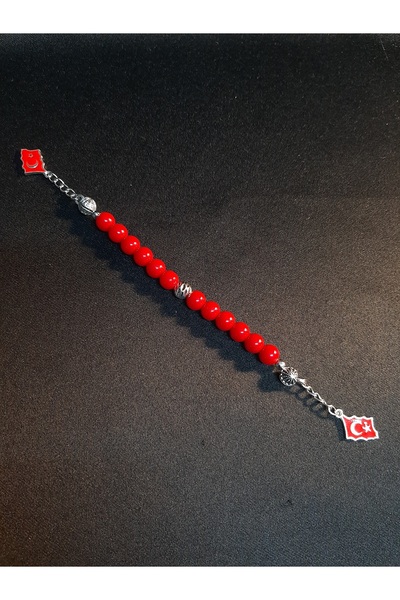 MRYart Zaza Prayer Beads with Red Glass Beads and Detailed Red Turkish Flag