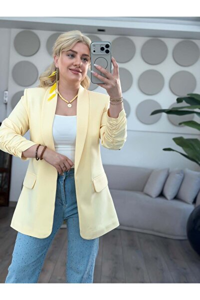 MELTEM TUĞAN Düğmesiz Astarlı Kolu Büzgülü Blazer Ceket Sarı