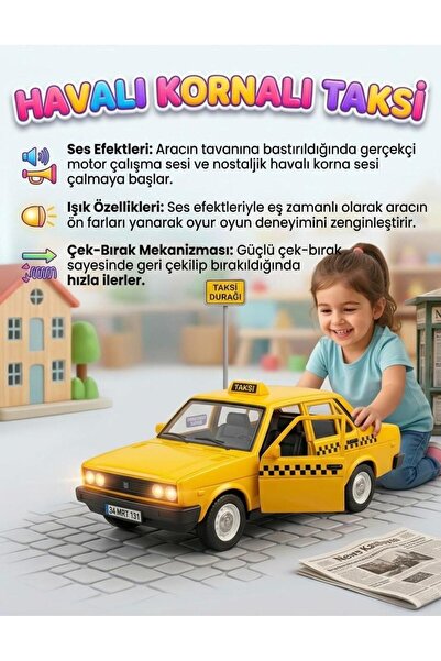 Tıfıl Toys Nostaljik Havalı Kornalı Oyuncak Taksi - Sesli ve Işıklı Çek-Bırak...