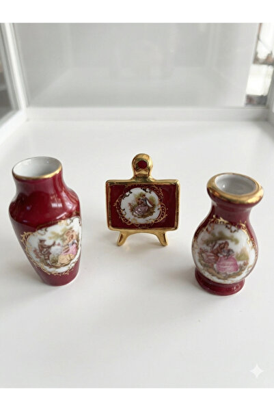 Vintage Limoges France Bordo Altın Varaklı Minyatür Set - 2 Adet Vazo ve Şöva...