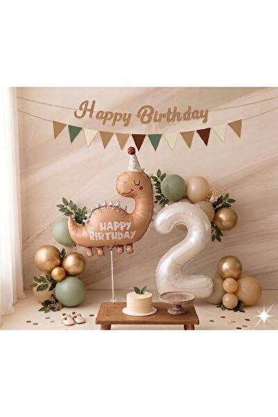 Parti Zamanı Retro dinazor 2 Yaş Krem Gold Yeşil Şeffaf Konfetili Set Balon