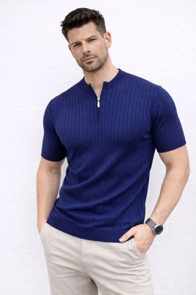 Generic Brand Men's Short Sleeve Ribbed Knit T-Shirt Summer Style High Collar...