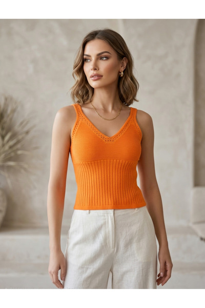 KUĞU Kadın V Yaka Fitilli Triko Atlet Slim Fit Esnek Yazlık Şık Basic Bluz