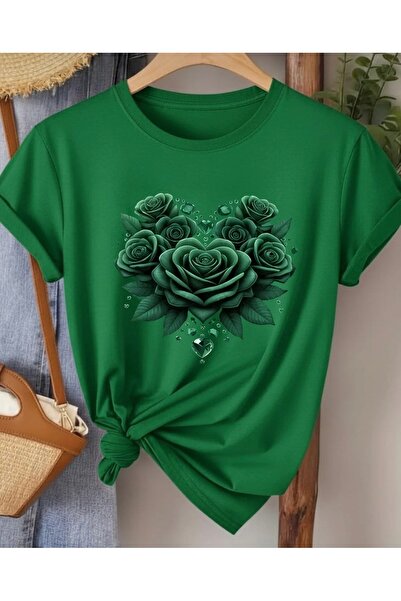 NIGRUM PARDUS TRICOU DE DAMĂ MĂRIME MARE, 100% BUMBAC, CU IMPRIMEU TRANDAFIRI...