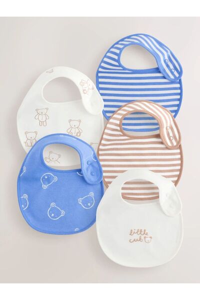 Next Baby Cotton Blue and White Teddy Bear Patterned 5-Piece Baby Bib Set
