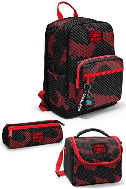 Coral High Black Red Patterned 3-Piece School Bag Set Set0133233