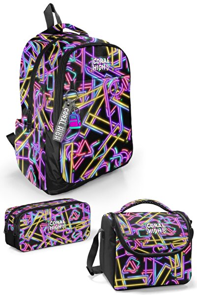 Coral High Set de genți școlare din 3 piese cu model neon de culoare neagră S...