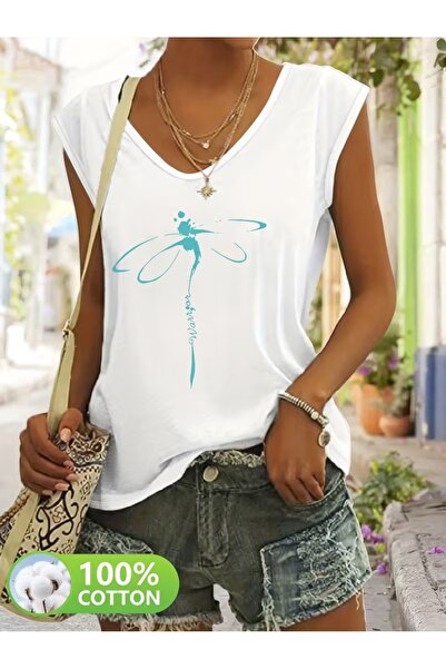 puolikuu Women's Comfortable Fit V-Neck Tshirt Mixed Printed Tshirt