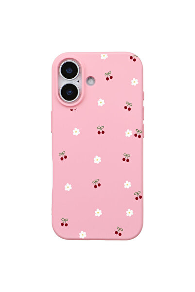 Casen iPhone 17 Pembe Lansman Renkli Silikon Kiraz ve Çiçek Desenli Kamera Ko...