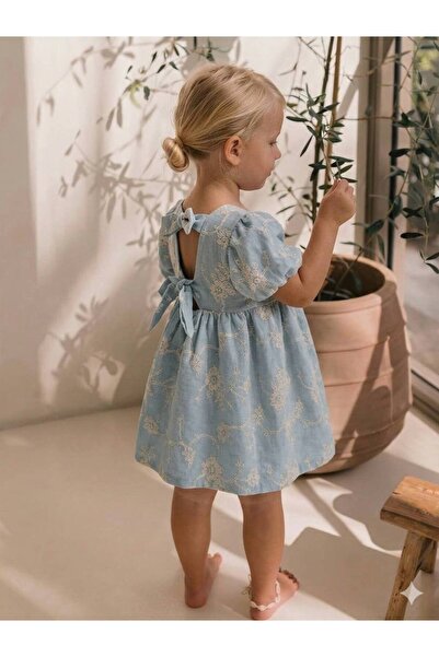 COLORED BABY Kız Çocuk Çiçek Nakışlı Fiyonk Sırt Detaylı Elbise