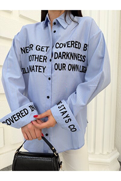 Myra Fashion Oversize Nakışlı Gömlek Uzun Kol Bluz Kadın Şık Modern Kesim Gün...