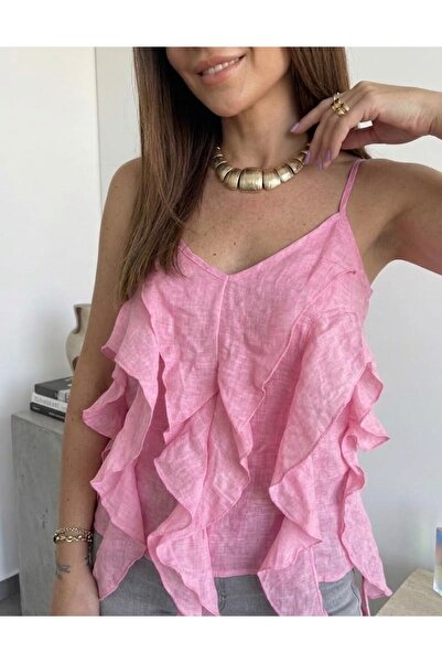 salome butik بلوزة مكشكشة بحمالات من قماش تينزل للموسم الجديد