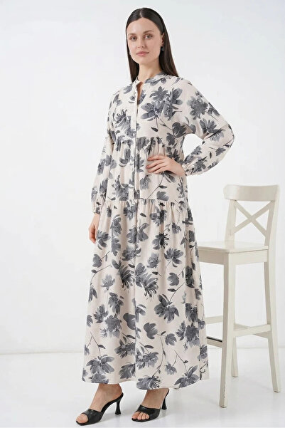 buğrahayalin Women's High Collar Gathered Waist Floral Patterned Viscose Gray...