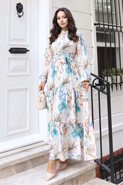 buğrahayalin Women's Shirt Collar Belted Floral Patterned Cotton Mint Hijab D...