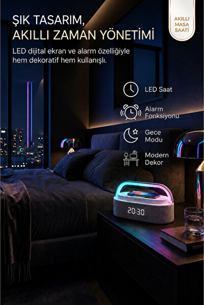 Maybax Bluetooth Hoparlör RGB Işıklı Kablosuz Şarjlı Dijital Saatli Alarm Özellikli Taşınabilir Speaker
