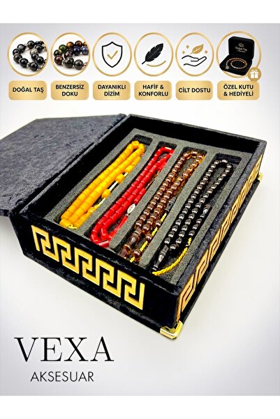 Vexa Aksesuar Handmade Crimped Amber Prayer Beads Set with Special Velvet Box...