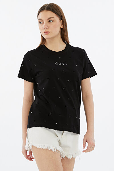 QUKA Serpme Taşlı- %100 pamuk 24-1 Siyah Tshirt/Regular Fit Kalıp