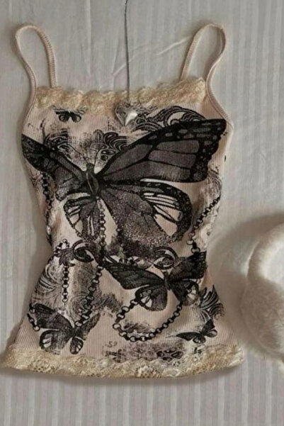 İsra Ayyıldız Moonstar Collection Bej Butterfly Dantelli Gotik Y2K Askılı Crop