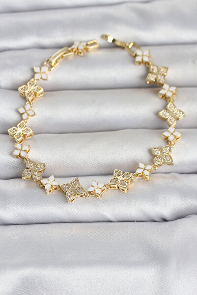 Lisinya Brass Zircon Stone and Enamel Clover Model Gold Color Women's Bracelet -