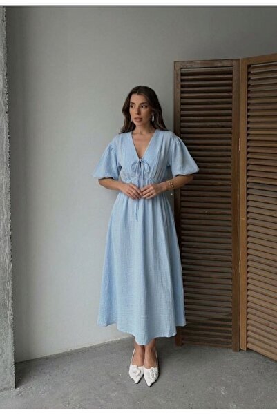 MareandCo V Yaka Belden Lastik Detaylı Kisa Kol Muslin Midi Elbise