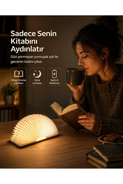 Voxify Şarjlı Kitap Lamba 3 Renkli Katlanır Gece Okuma Lambası Ahşap Kapak Ge...