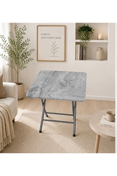 marpas Mermer Desenli Katlanır Masa 60x60 MDF Balkon Bahçe Masası