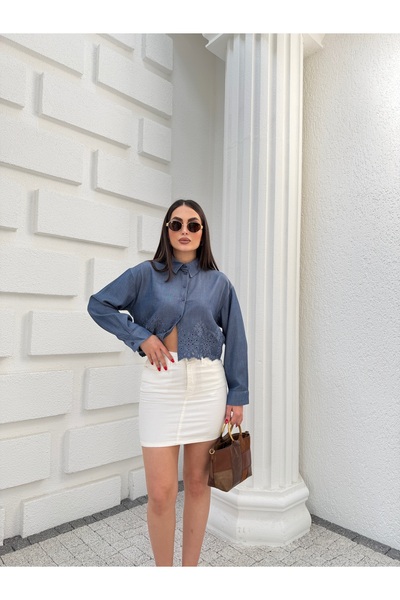 Myra Fashion Fisto Nakış Detaylı Crop Gömlek Uzun Kol Bluz Kadın Trend Modern...