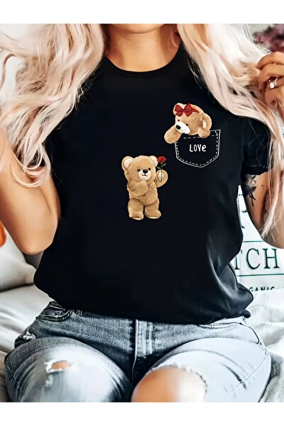 GALASHOP Kadınlar İçin Siyah Sevimli Ayıcık LOVE Baskılı Tişört