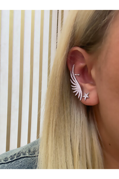 Hicrans Takı BÜYÜK KANAT VE YILDIZ MODEL TAŞLI GÜMÜŞ RENK EARCUFF KIKIRDAK KÜPE