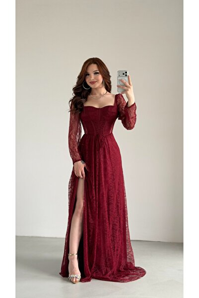 AYŞENUR DİNÇER Romance Dantelli Abiye Bordo