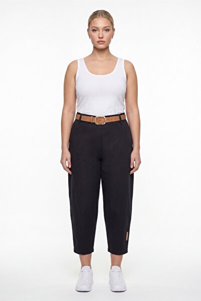 EXİTLİNE Women's Black Summer Belted Balloon Model Denim Trousers
